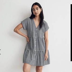 MADEWELL Cuff-Sleeve Button-Front Tiered Mini Dress in Gingham Check